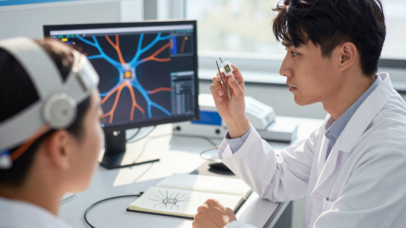 Cientistas em laboratório analisam chip eletrônico com imagem de neurônio ao fundo no computador.