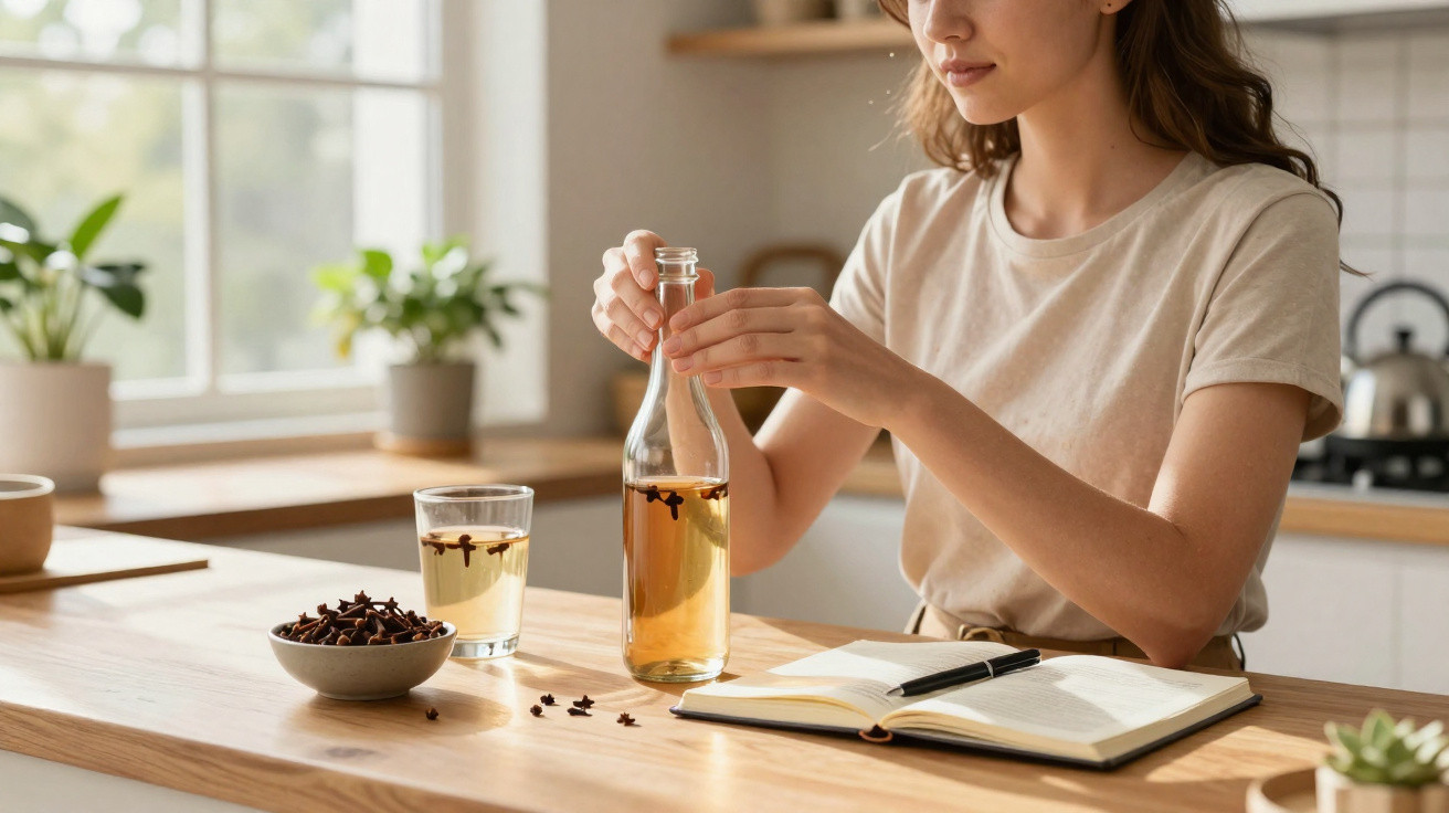 Mulher abrindo garrafa com bebida de cravo na cozinha, com copo, caderno aberto e bowl de cravos na mesa.