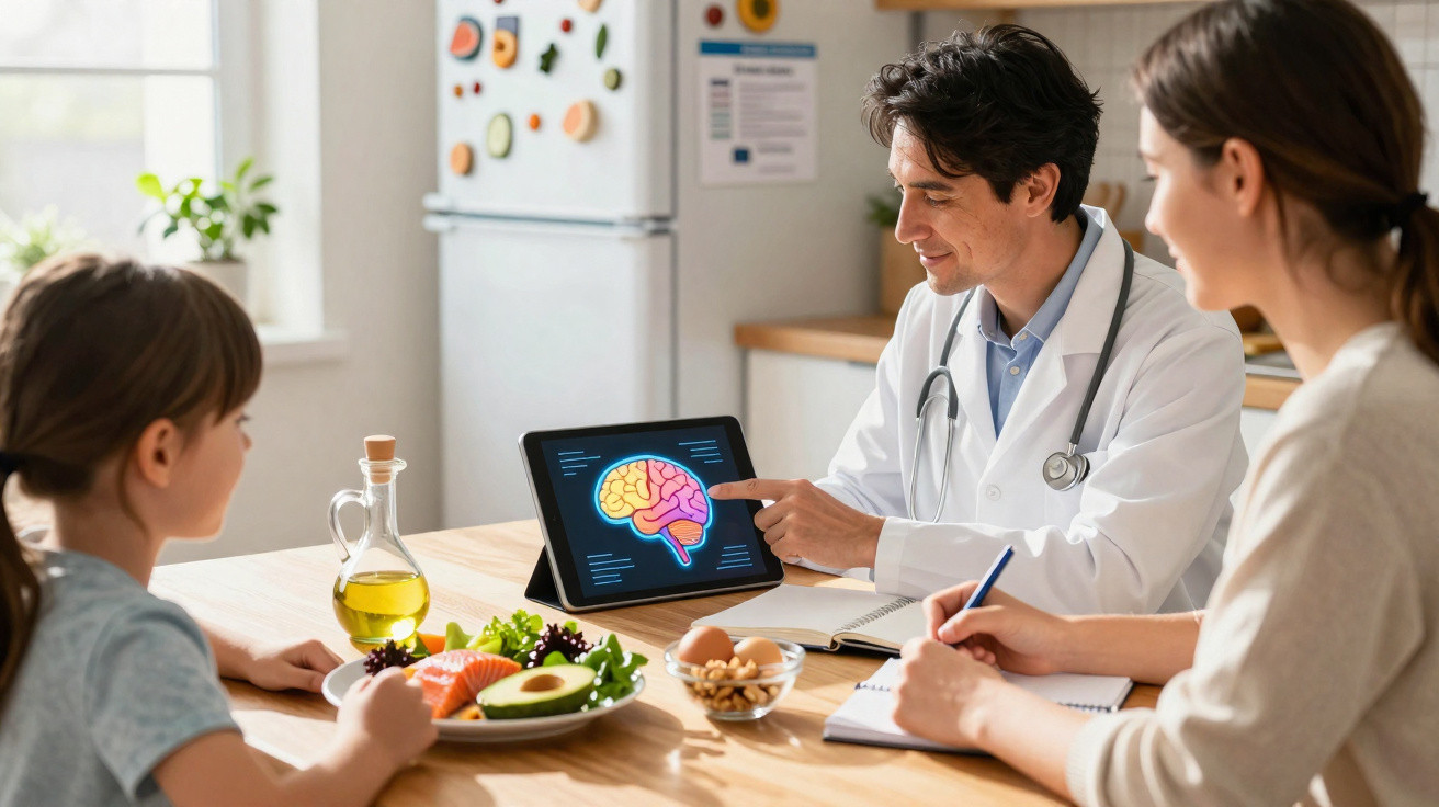 Médico mostrando imagem de cérebro em tablet para mulher e menina durante refeição saudável na cozinha.