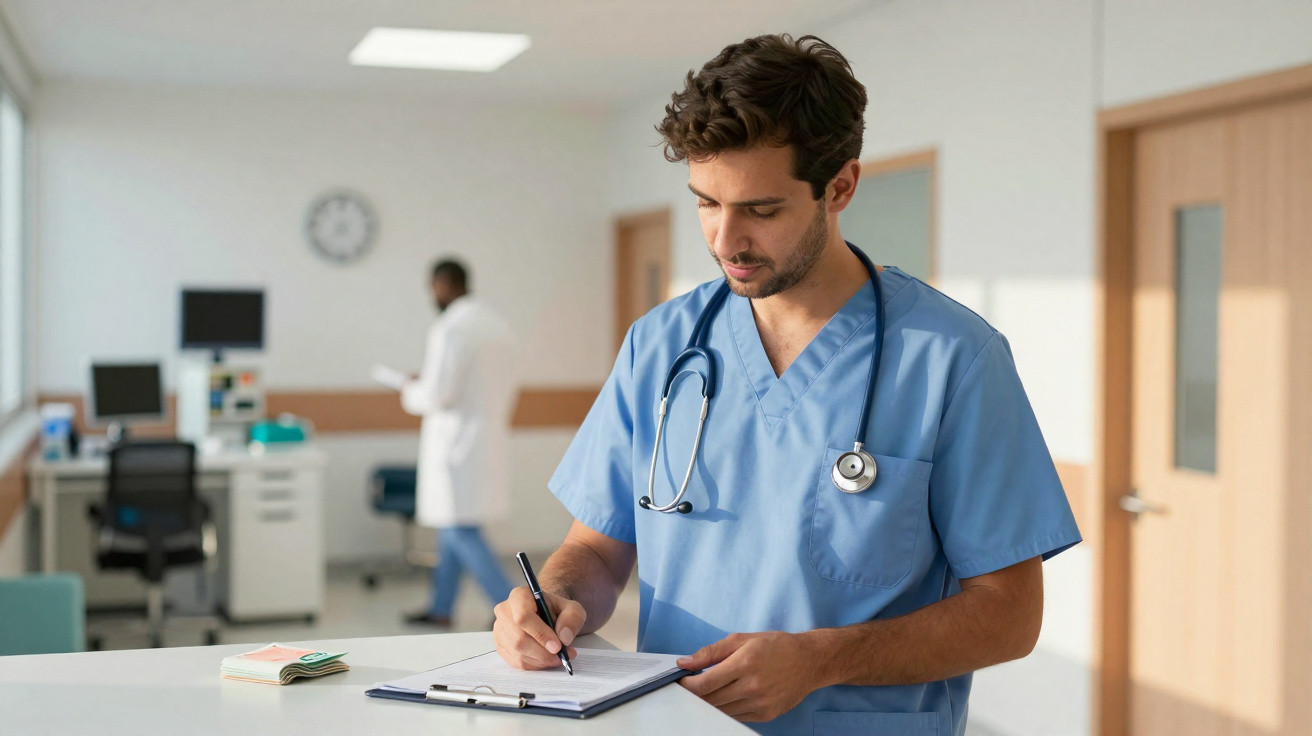 Médico com jaleco azul e estetoscópio escreve em prancheta em ambiente clínico com profissional ao fundo.