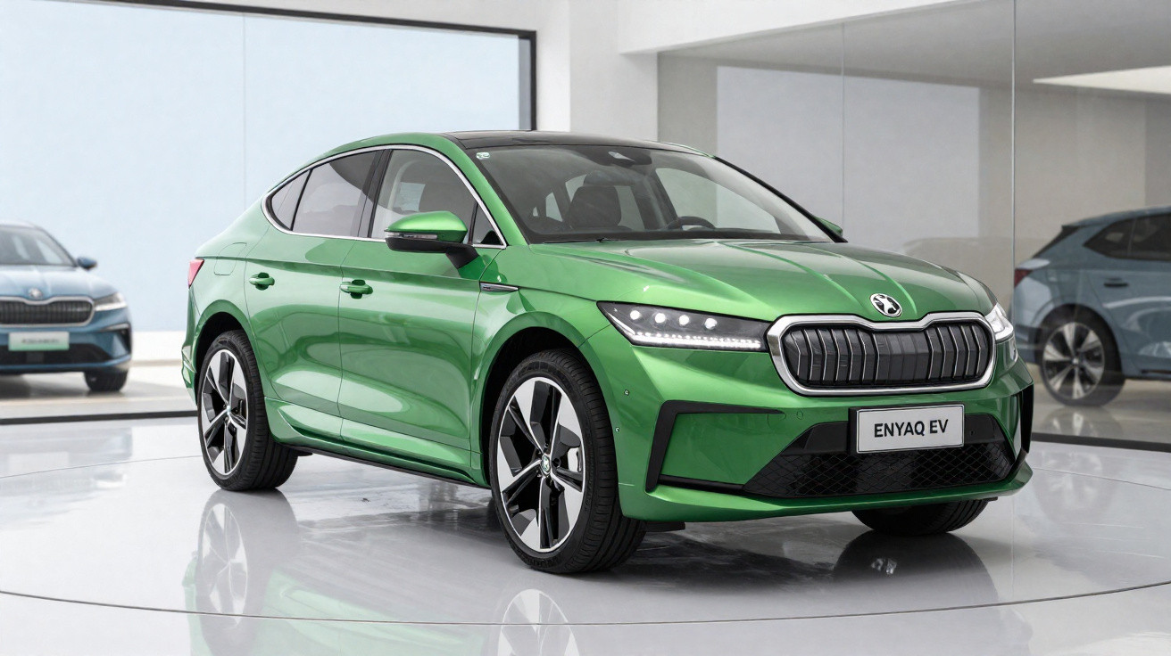 Carro elétrico Skoda Enyaq EV verde em ambiente moderno de showroom com paredes brancas e vidro.