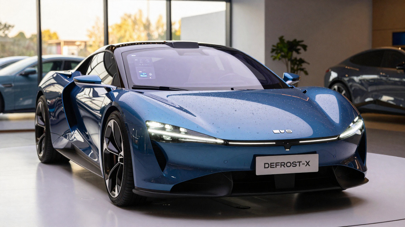 Carro esportivo elétrico azul, modelo Defrost-X, em exposição interna moderna.