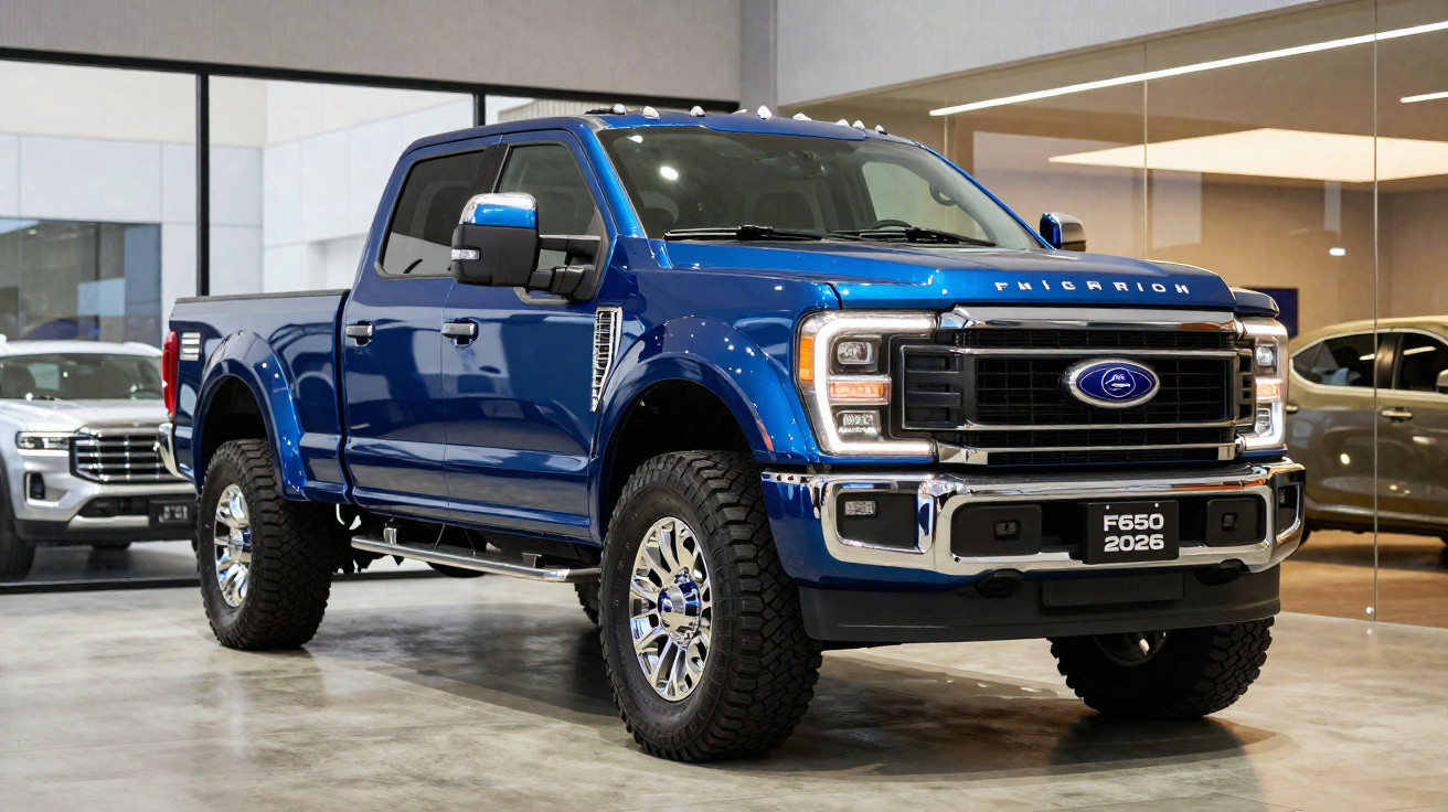 Picape azul Friction F650 2026 em showroom moderno com pneus grandes e acabamento cromado.