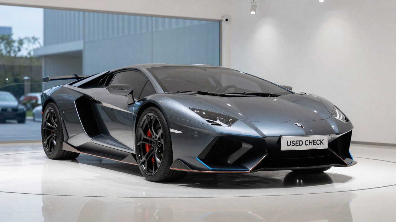 Carro esportivo preto estacionado em showroom com placa "USED CHECK" na frente.