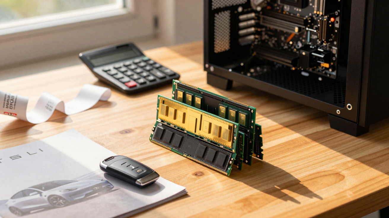 Módulos de memória RAM sobre mesa ao lado de peça de computador aberta, calculadora e controle remoto.