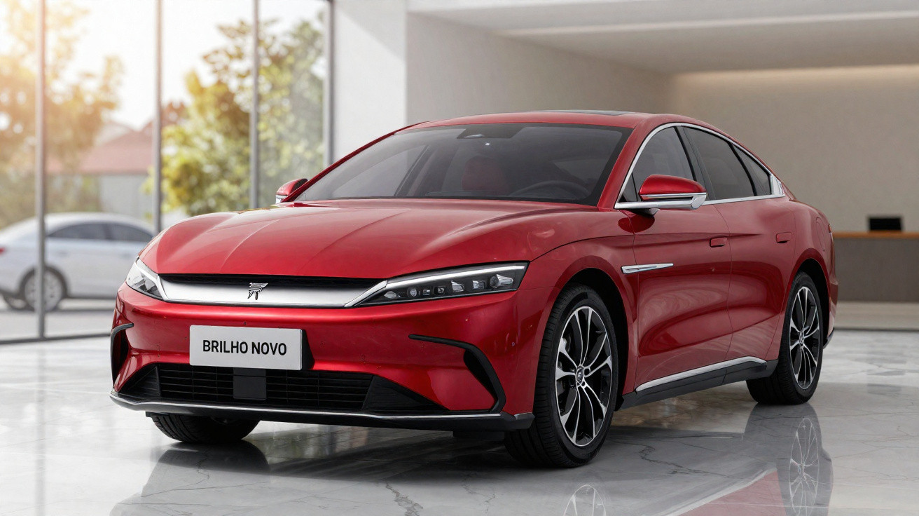 Carro elétrico sedã vermelho Brilho Novo exposto em ambiente interno moderno e iluminado.