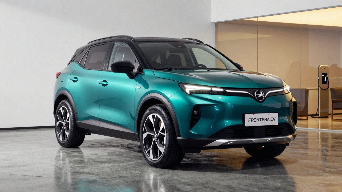 SUV elétrico verde azulado Frontera EV estacionado em ambiente interno moderno.