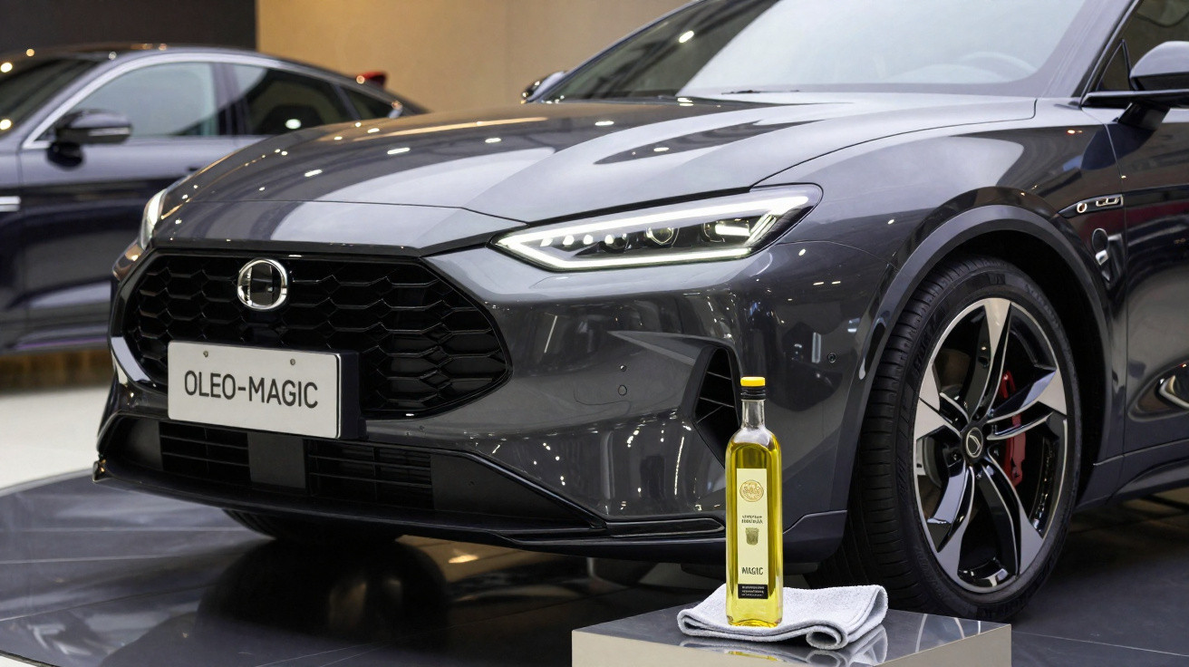 Carro cinza metálico com placa "OLEO-MAGIC" em exposição, ao lado de uma garrafa de óleo sobre pano branco.