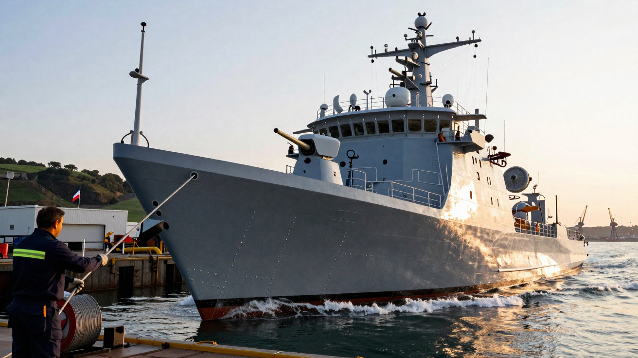 Navio militar cinza atracado em porto com homem manuseando cabos no píer ao entardecer