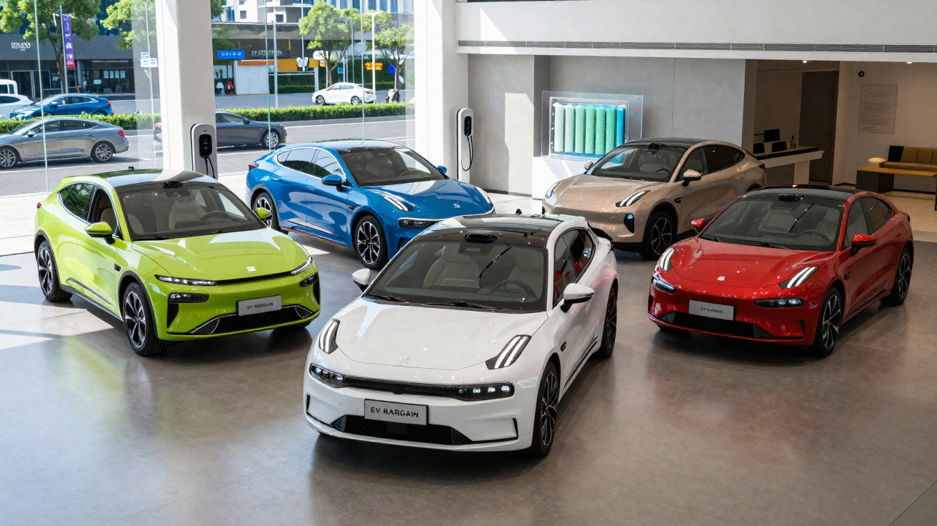 Cinco carros elétricos coloridos expostos em ambiente interno com grande vitrine de vidro ao fundo.