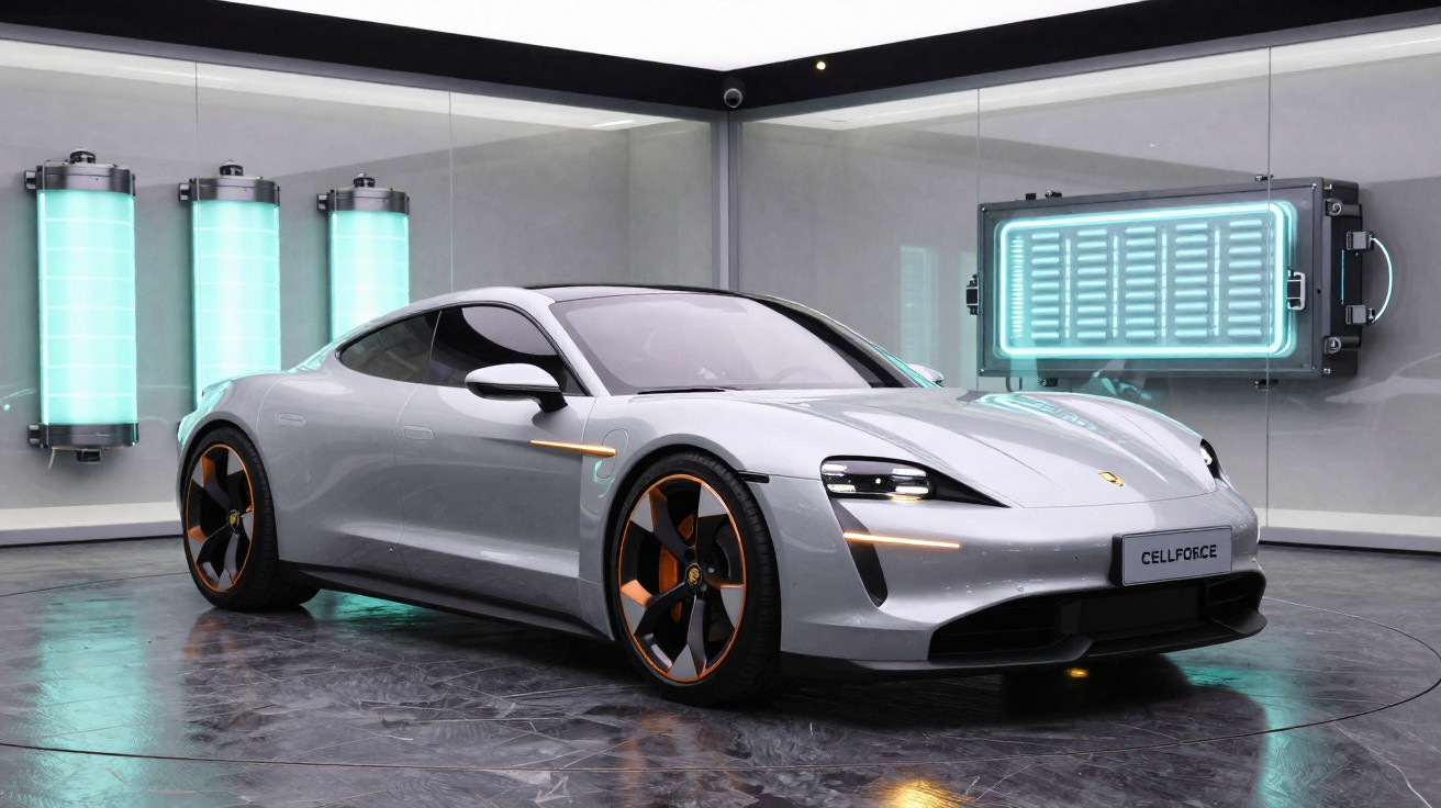Carro esportivo prata estacionado em ambiente futurista com painéis iluminados azuis na parede.