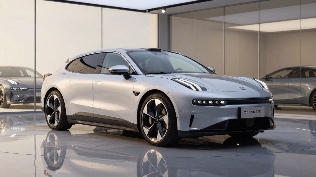 Carro elétrico prata moderno estacionado em showroom com piso refletivo e paredes espelhadas.