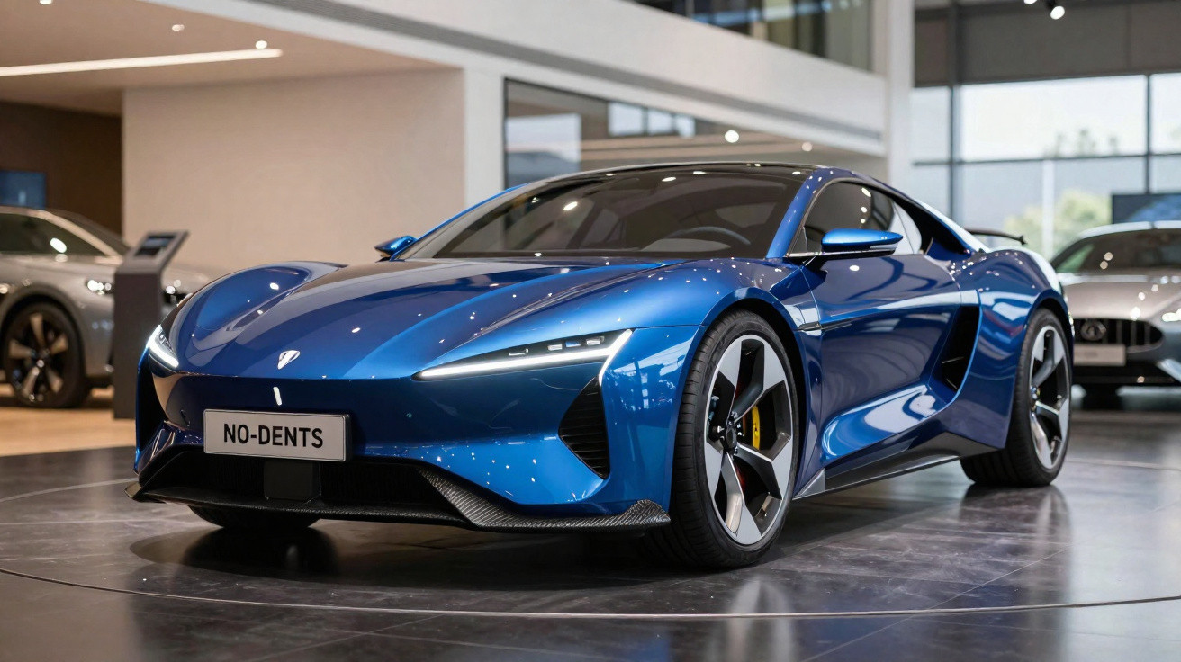 Carro esportivo elétrico azul reluzente em exposição dentro de showroom moderno e iluminado.
