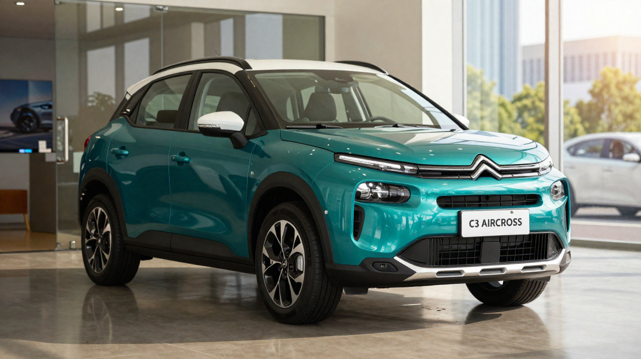 Carro SUV Citroën C3 Aircross verde em exposição dentro de showroom moderno e iluminado.