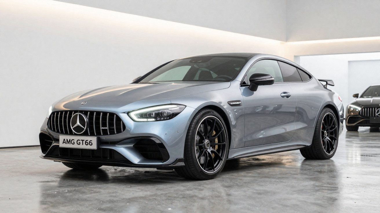 Carro esportivo Mercedes-Benz AMG GT66 prata em exibição em ambiente interno moderno.