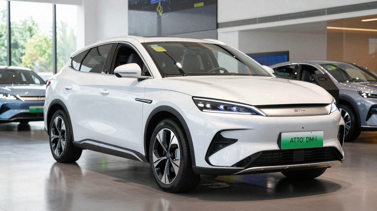 Carro elétrico branco modelo SUV exposto em showroom moderno com iluminação natural e outros veículos ao fundo.