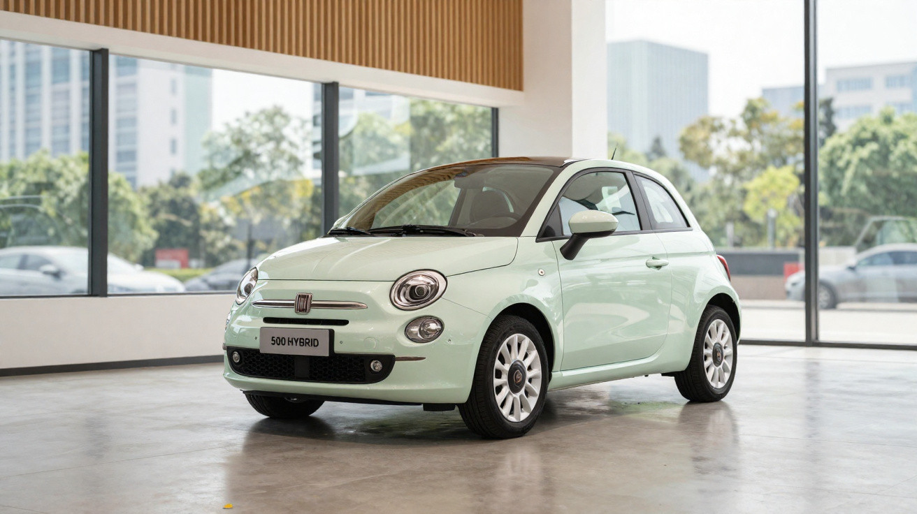 Carro Fiat 500 Hybrid verde claro exibido em showroom com grandes janelas e vista urbana ao fundo.