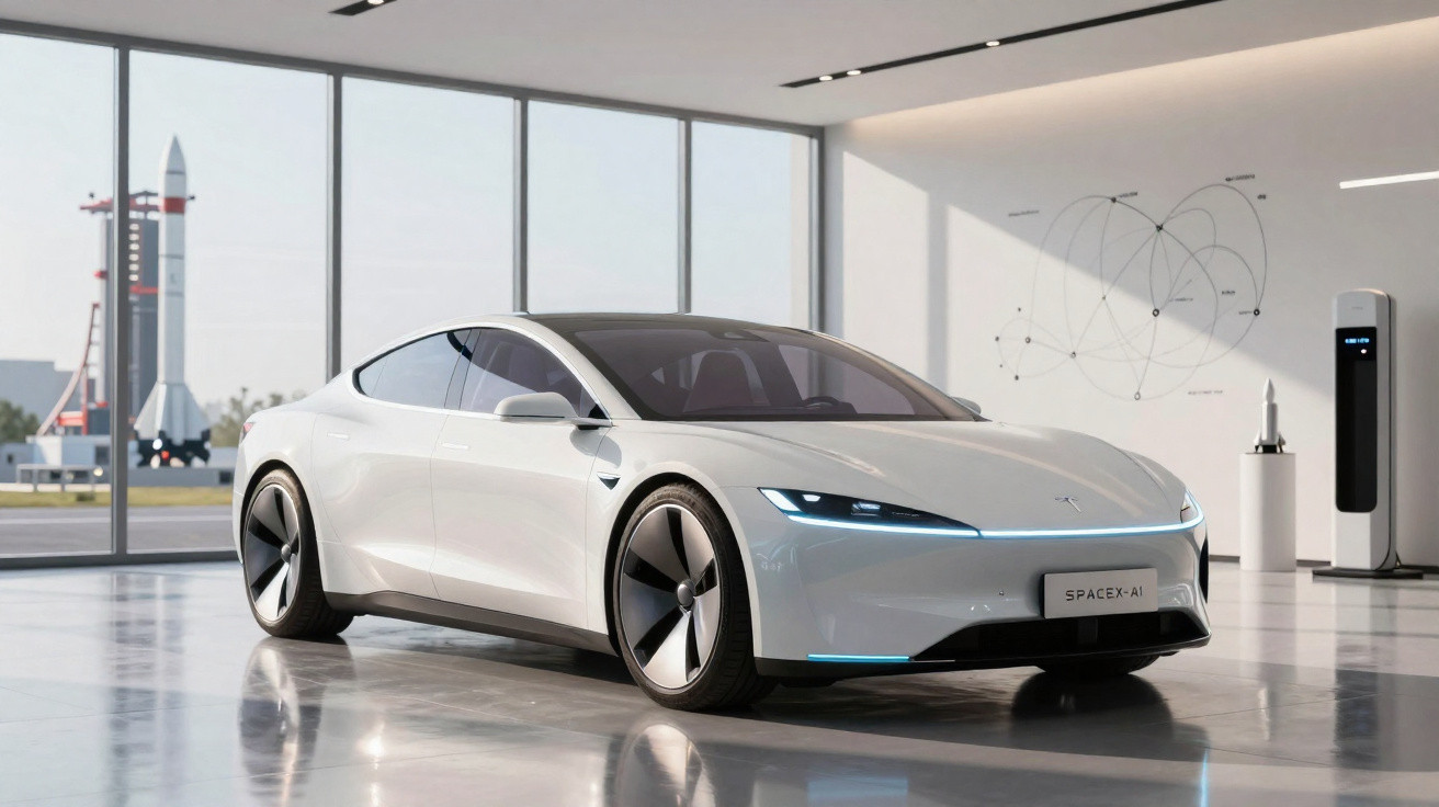 Carro elétrico branco futurista SpaceX-A1 em showroom com janelas grandes e foguete ao fundo.