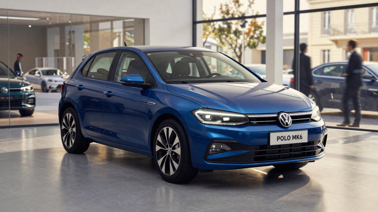 Carro Volkswagen Polo MK6 azul estacionado em showroom com piso cinza e paredes de vidro.