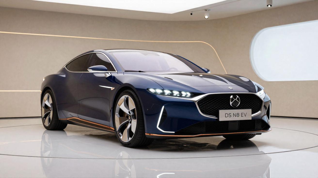 Carro elétrico esportivo azul DS N8 EV em exposição com design moderno e elegante em ambiente minimalista.