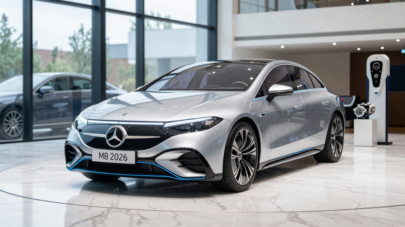 Carro elétrico Mercedes-Benz prata exibido em showroom moderno com piso de mármore e grande janela de vidro.