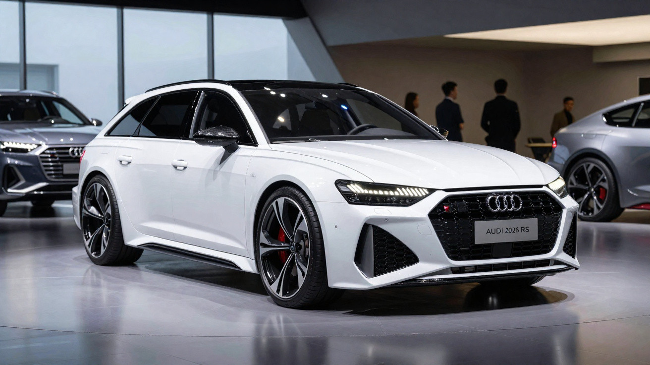 Carro branco Audi RS 2026 exibido em salão de automóveis com pessoas ao fundo.
