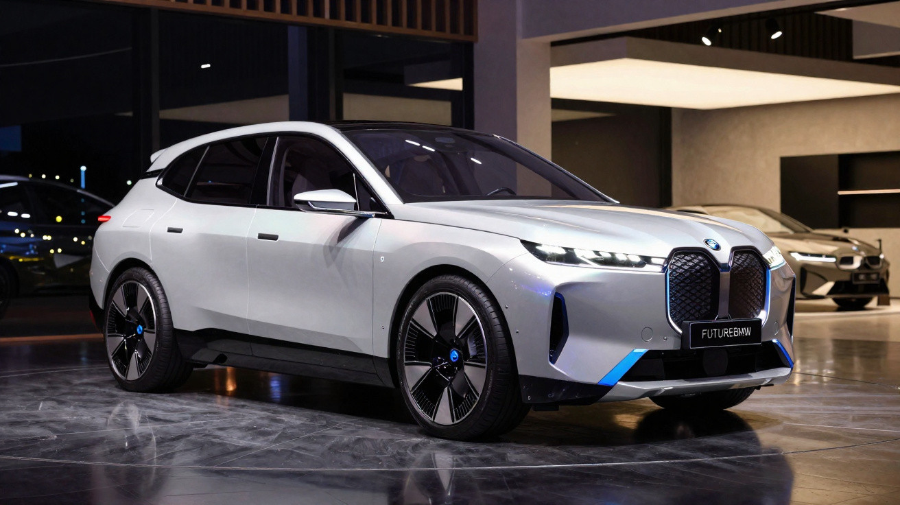 Carro elétrico BMW iX branco exibido em ambiente interno moderno com iluminação suave.