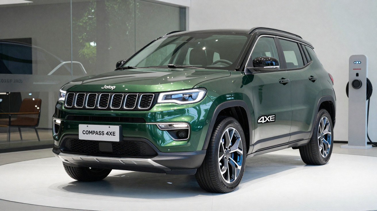 SUV verde Jeep Compass 4XE exibido em showroom com carregador elétrico ao fundo.