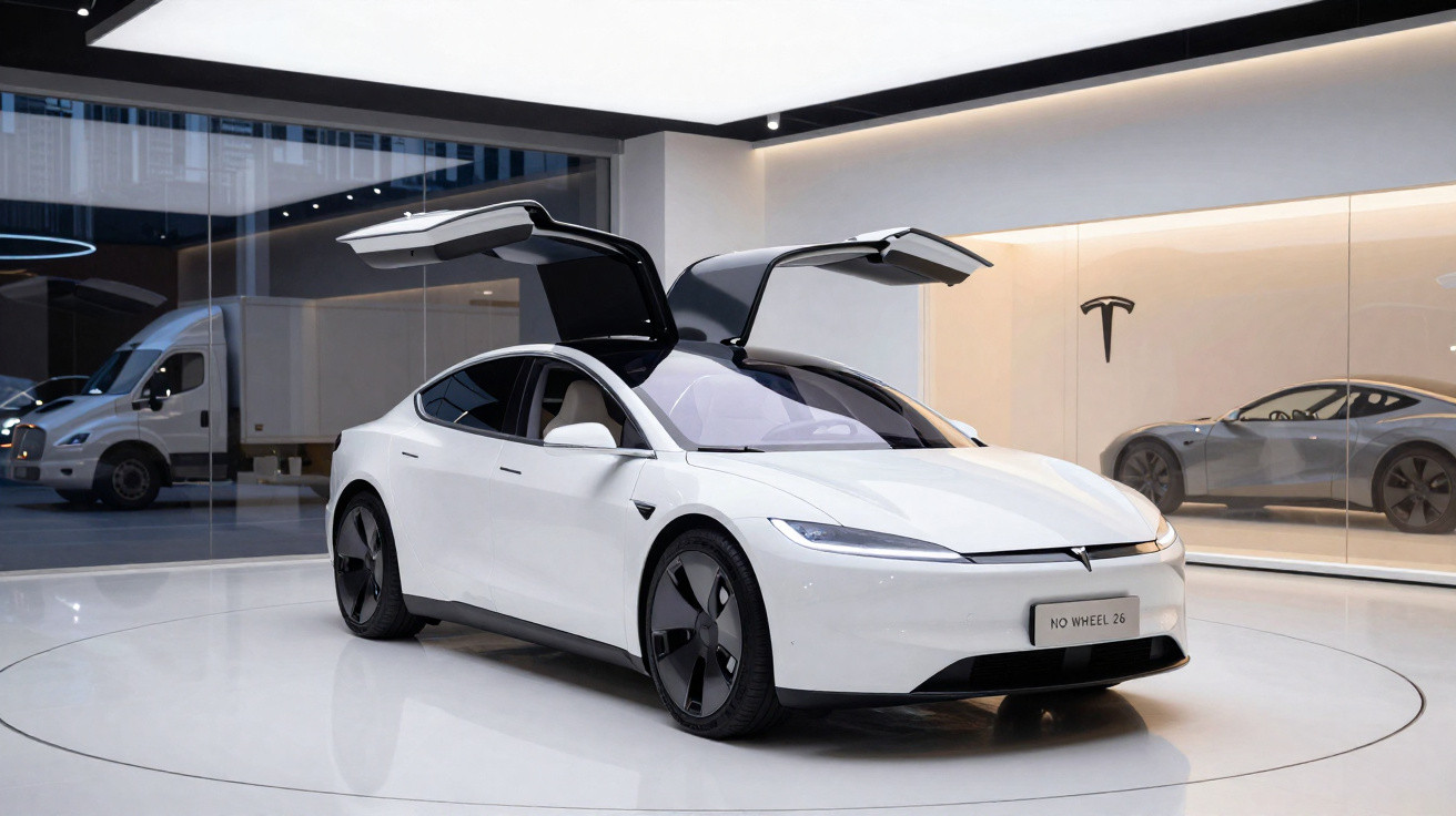 Carro elétrico branco Tesla Model S com portas abertas em formato de asa de gaivota em showroom moderno.