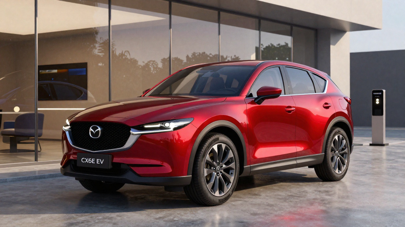 Carro elétrico Mazda CX-6E EV vermelho estacionado em garagem moderna com paredes de vidro.