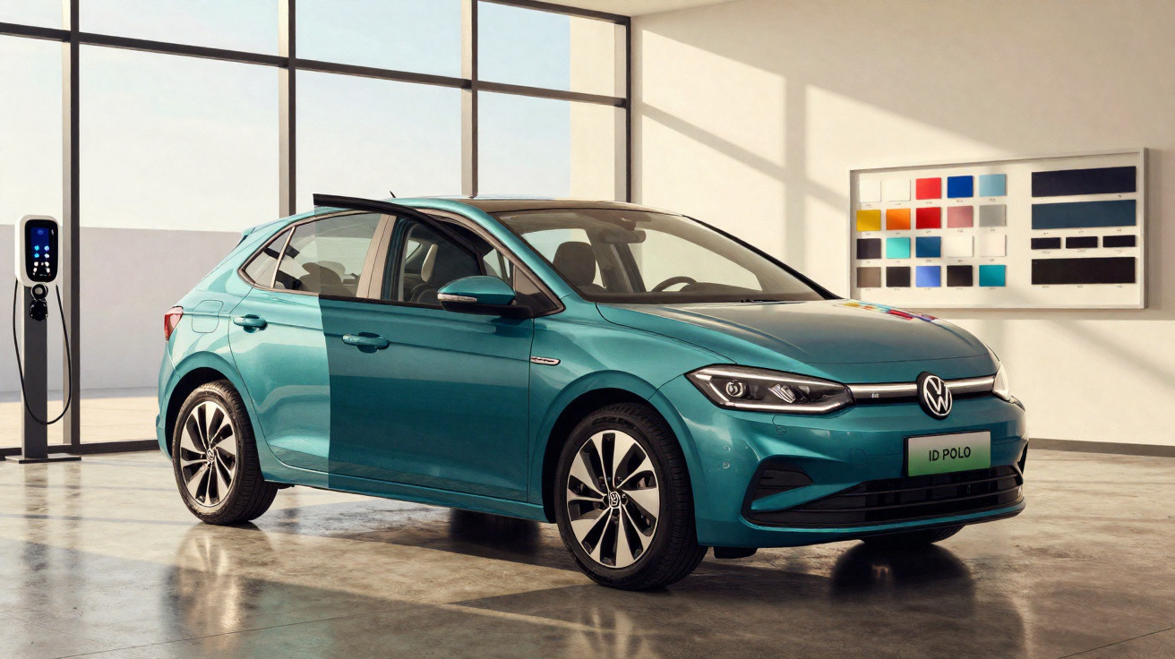 Carro elétrico Volkswagen ID Polo azul exposto em showroom com estação de recarga ao lado.