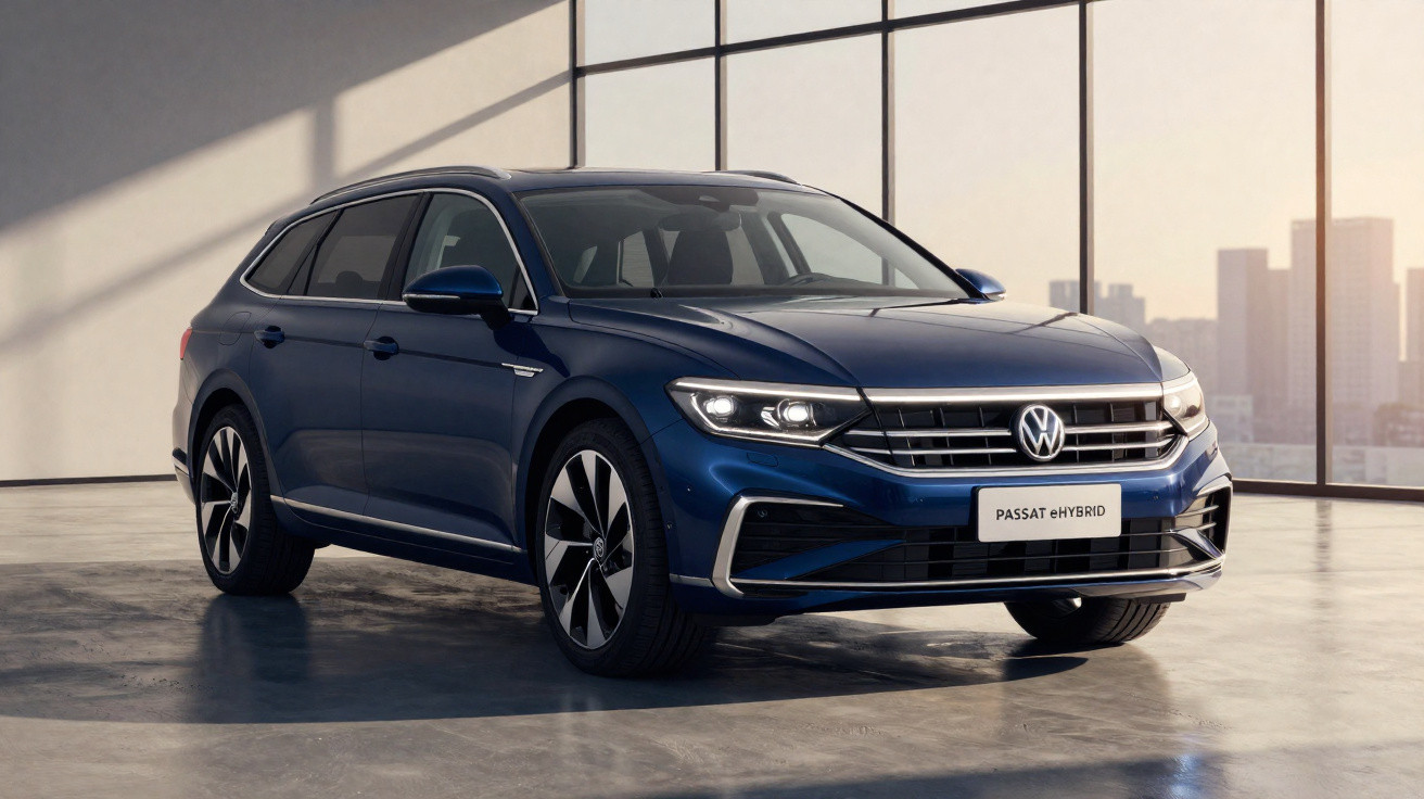Carro Volkswagen Passat eHybrid azul estacionado em ambiente interno moderno com grandes janelas.