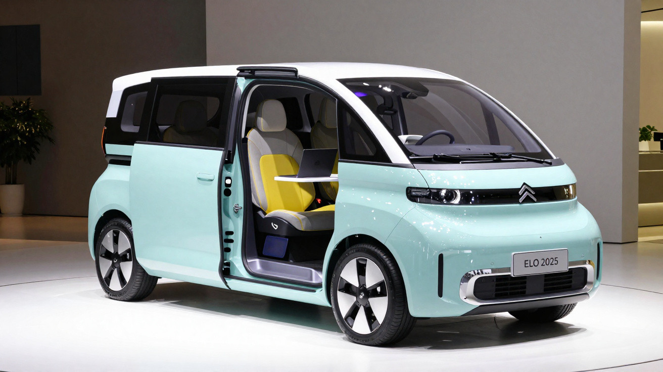 Carro elétrico Citroën ELO 2025 azul claro com porta lateral aberta mostrando interior moderno e assento amarelo.