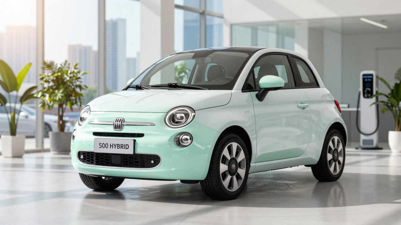 Carro Fiat 500 Hybrid verde claro exposto em showroom moderno com plantas e janela panorâmica ao fundo.