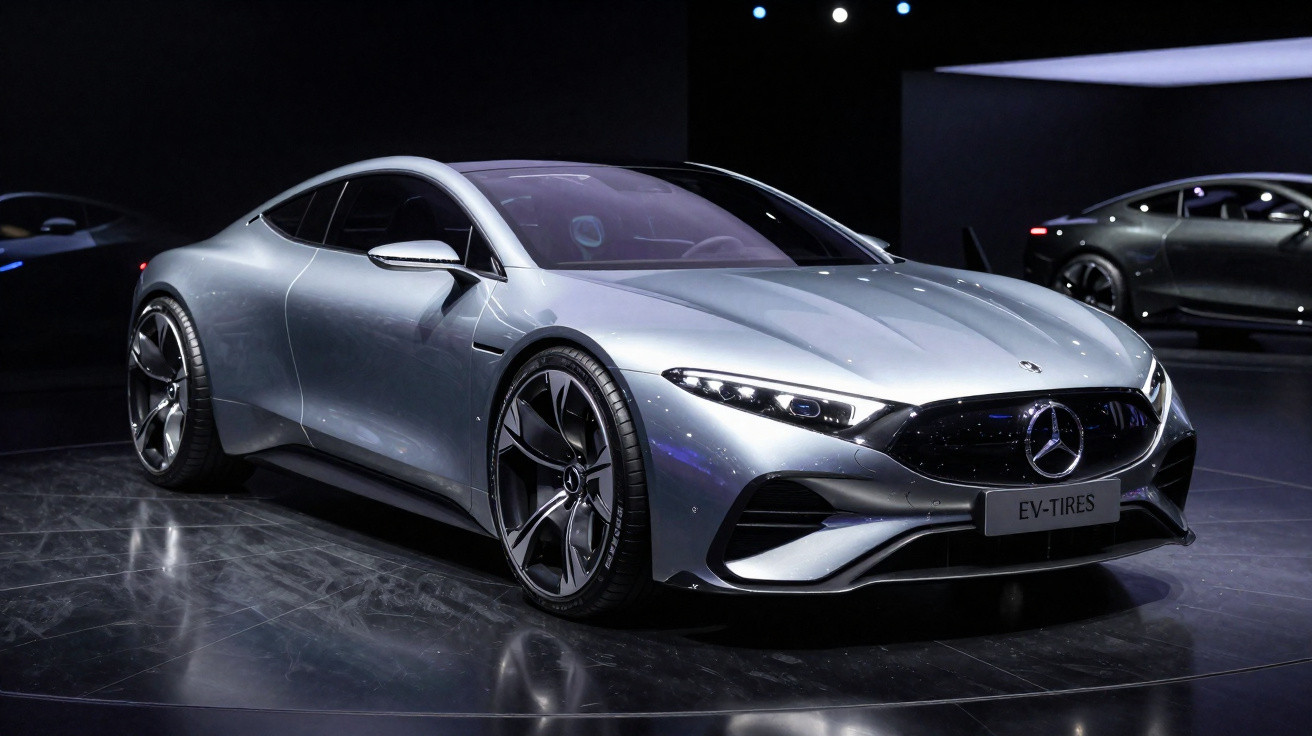 Carro elétrico esportivo prata Mercedes-Benz EV-Tires em exposição com iluminação em ambiente escuro.