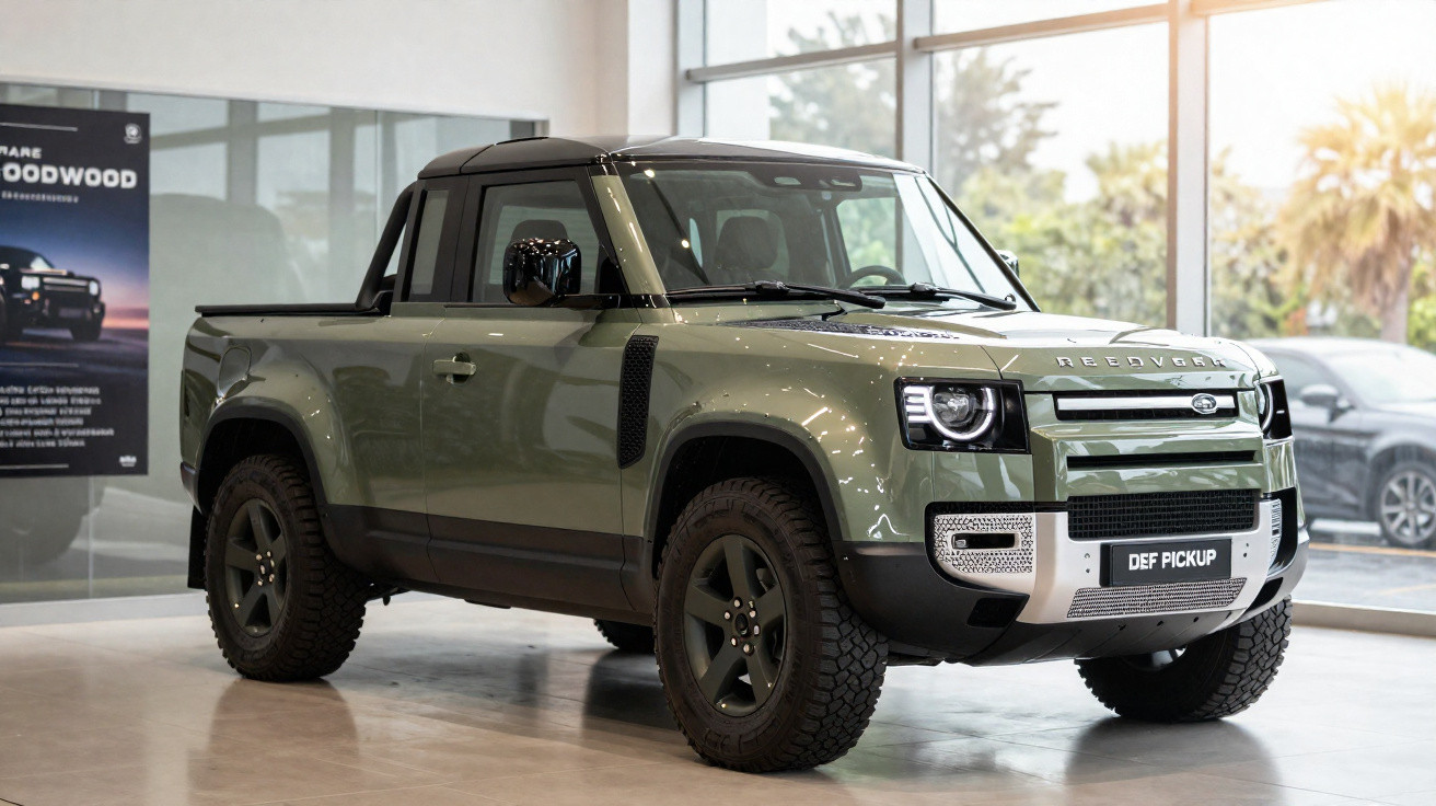 Picape Land Rover Defender verde militar em exposição interna, com pneus robustos e design moderno.