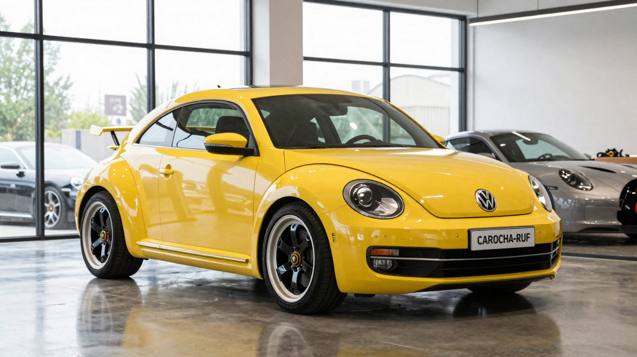 Carro esportivo amarelo Volkswagen Carocha modificado, exposto em showroom com piso de concreto polido.