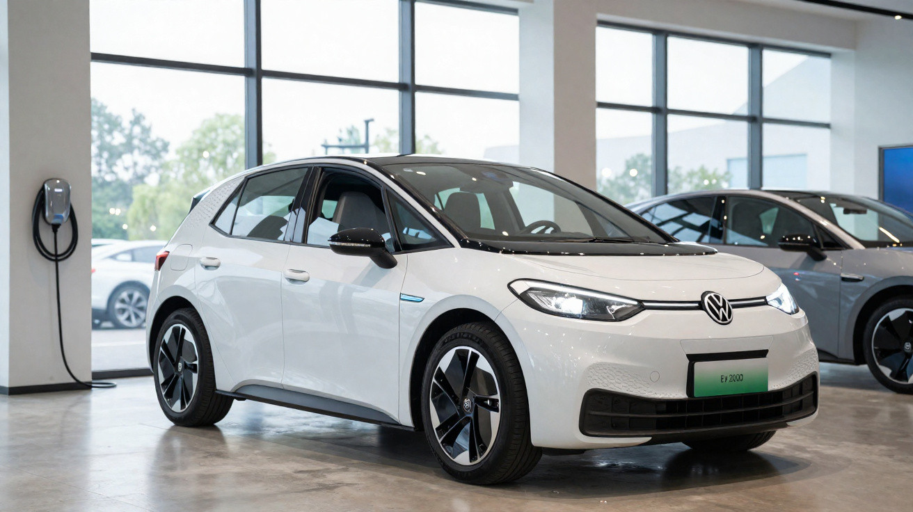 Carro elétrico branco Volkswagen ID.3 estacionado em showroom com carregador na parede e outro carro ao fundo.