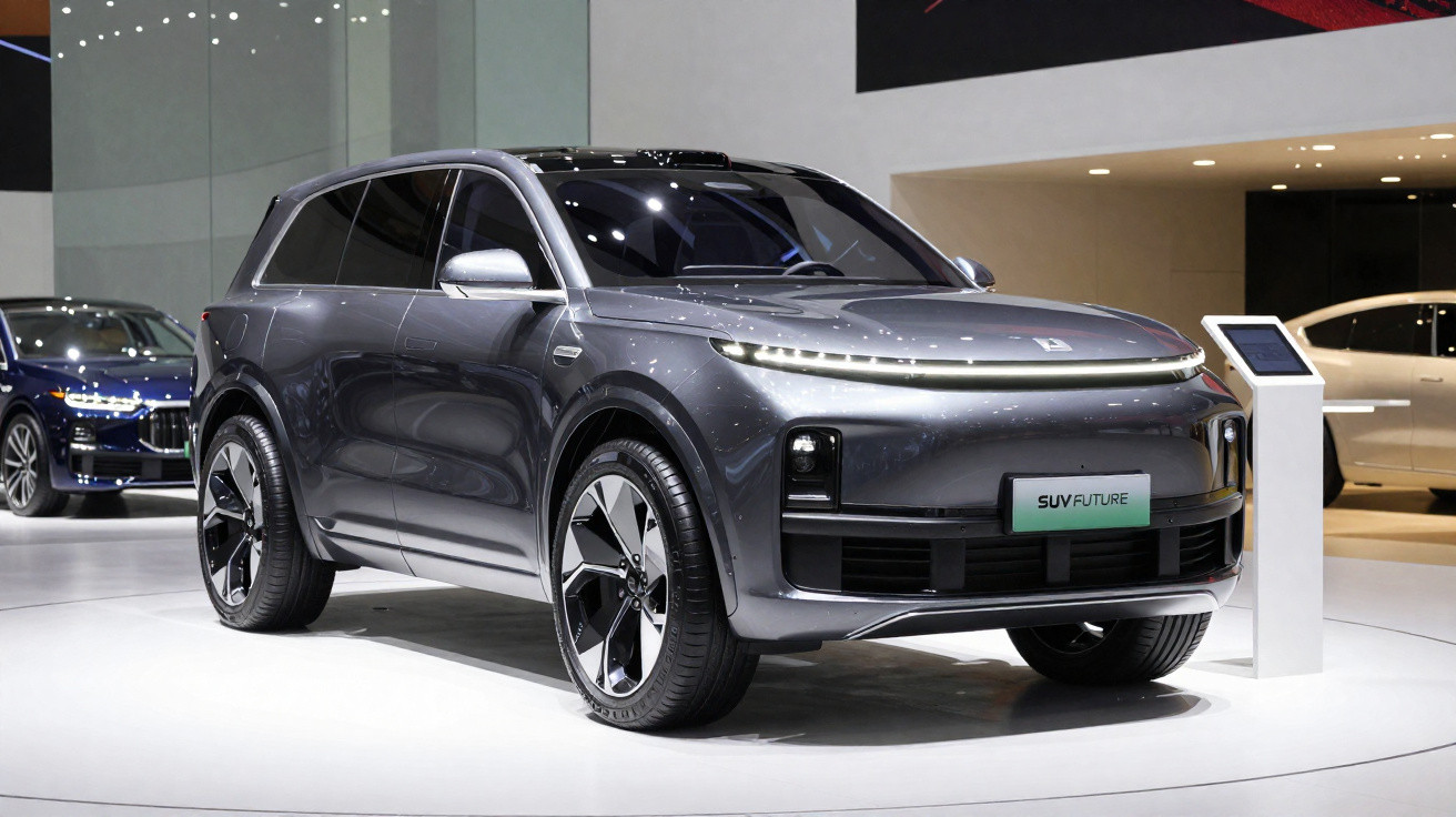 Carro SUV cinza metálico futurista exposto em salão de automóveis com iluminação destacando detalhes modernos.