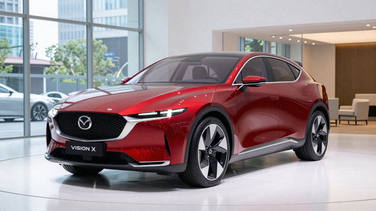 Carro conceito Mazda Vision X vermelho em exposição interna com design moderno e rodas grandes.