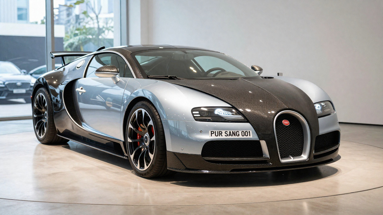 Carro esportivo Bugatti cinza e preto em exposição interna com placa personalizada PUR SANG 001.