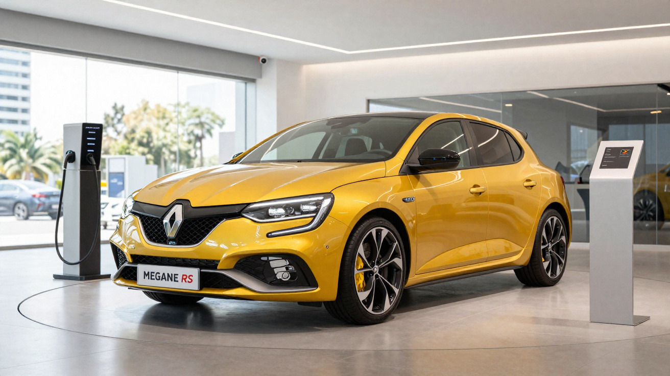 Carro esportivo Renault Megane RS amarelo em exposição, com estação de recarga elétrica ao lado.