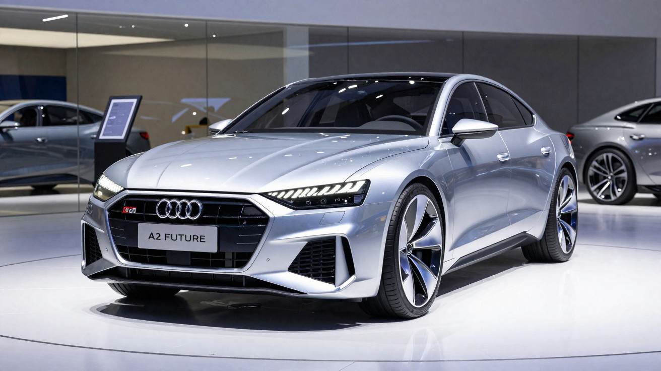 Carro esportivo Audi A2 Future prata exibido em showroom com iluminação moderna e piso branco.