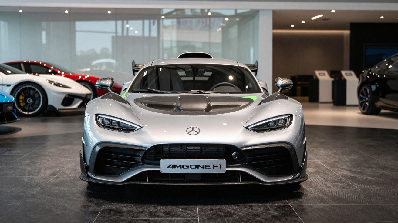 Mercedes AMG One F1 prata visto de frente em showroom moderno com outros carros ao fundo.