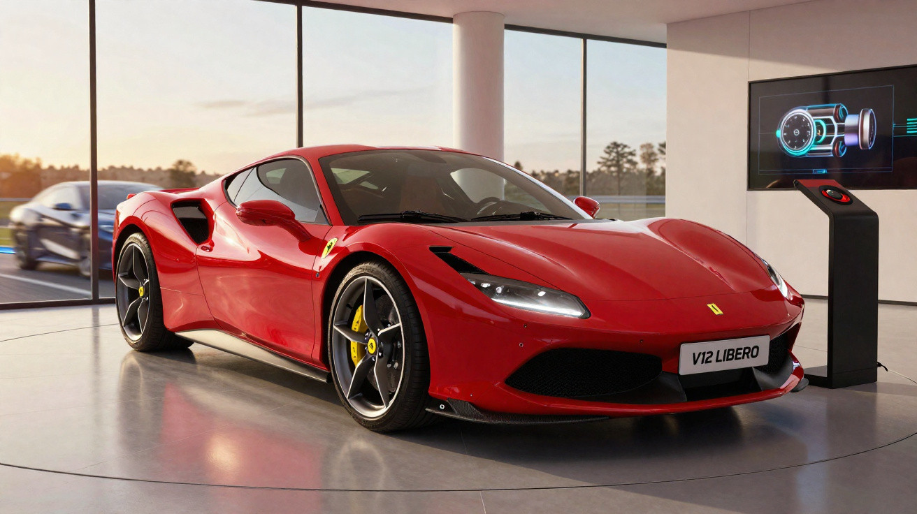 Carro esportivo vermelho Ferrari V12 Libero em exposição em ambiente moderno com grandes janelas.