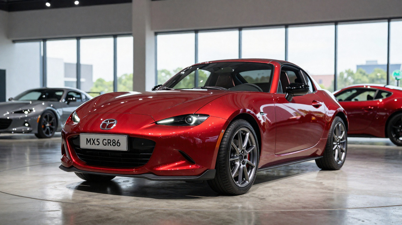 Carro esportivo vermelho Mazda MX5 GR86 em exposição dentro de showroom moderno.