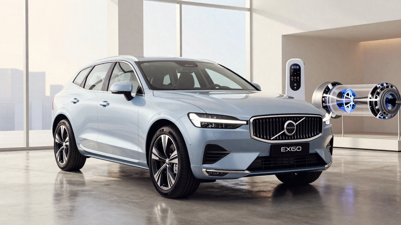 Carro Volvo EX60 prata em ambiente interno moderno com tecnologia de motor elétrico visível.