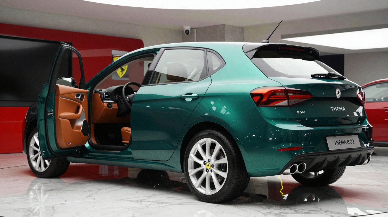 Carro hatch verde com porta dianteira aberta exibindo interior marrom em showroom moderno.