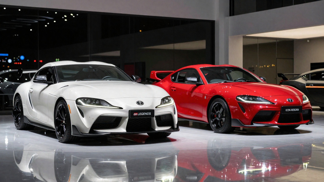 Dois carros esportivos Toyota Supra, um branco e um vermelho, exibidos em showroom moderno e iluminado.