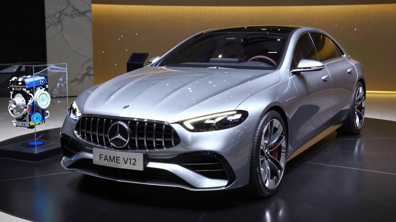 Carro esportivo Mercedes-Benz prata modelo FAME V12 em exposição com motor em vitrine ao lado.